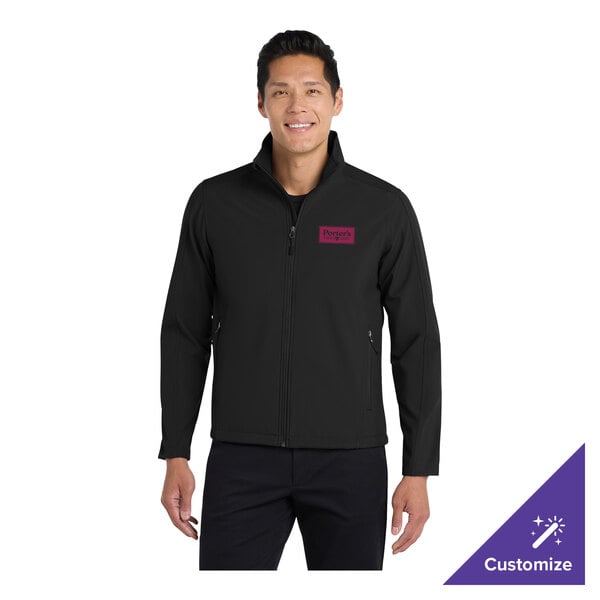 A black unisex soft shell jacket with a customizable logo on the chest.