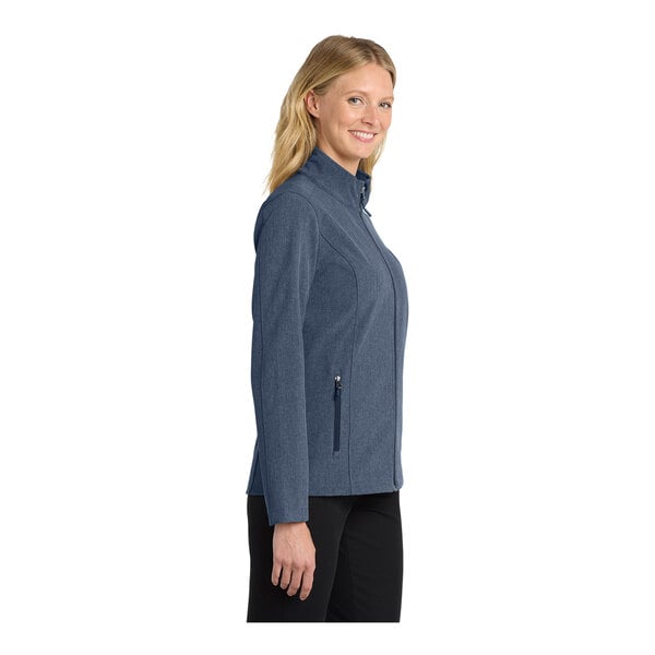 A close-up of a Port Authority women's navy heather soft shell jacket.