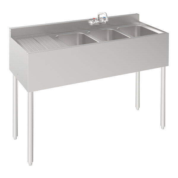 A Krowne stainless steel underbar sink with three bowls and a left drainboard with faucet.