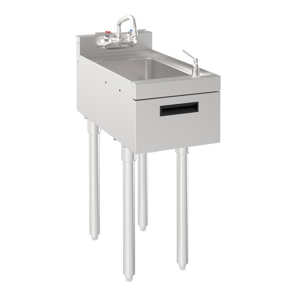 A Krowne stainless steel underbar sink with a faucet and soap and towel dispenser.