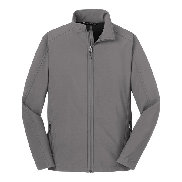 A Port Authority deep smoke grey soft shell jacket with a zipper.