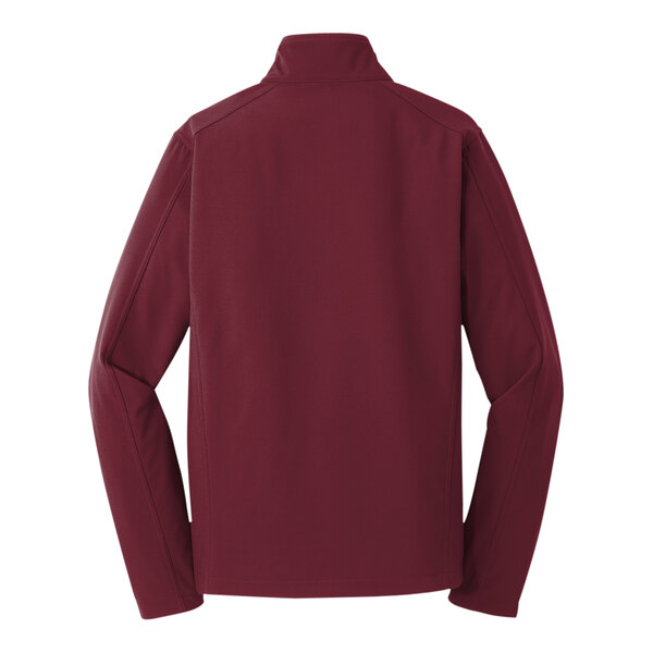 A maroon Port Authority soft shell jacket with long sleeves.