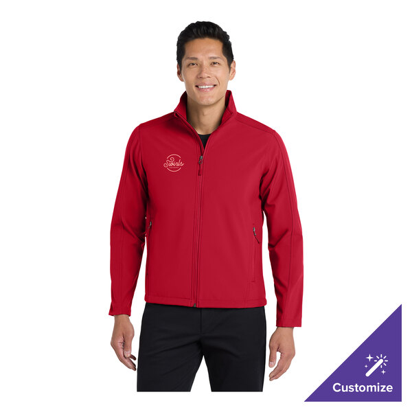 A medium-sized unisex rich red soft shell jacket with a zip front and customizable logo on the chest.
