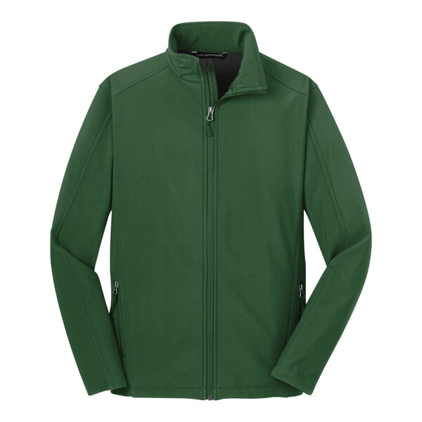 A Port Authority forest green soft shell jacket with a zipper.