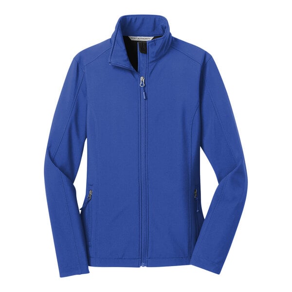 A Port Authority women's True Royal soft shell jacket with a zipper.