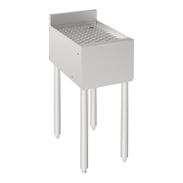A stainless steel Krowne underbar drainboard with a metal lid.