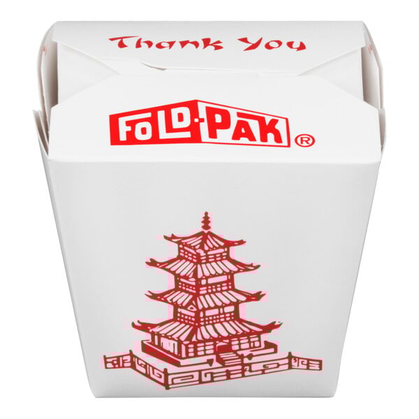 A white 32 oz. microwavable paper take-out container with red pagoda design and 'Thank You' text on top.