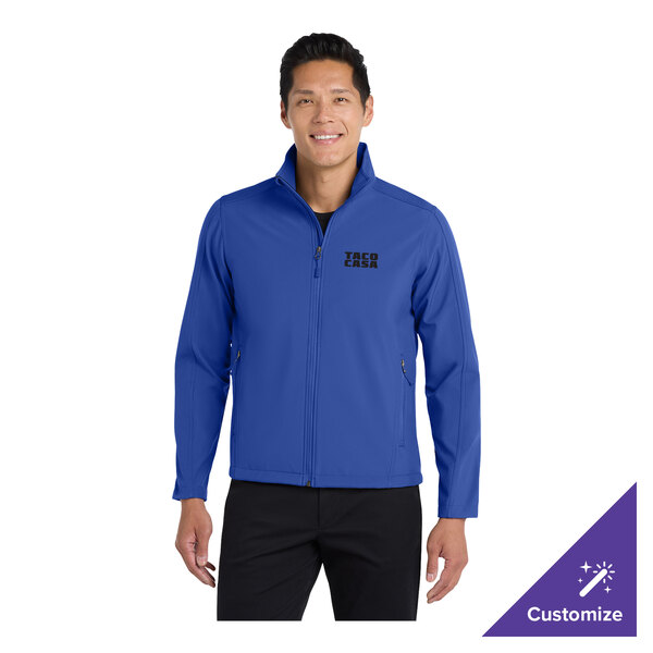 A royal blue unisex soft shell jacket with a zip front and customizable logo, shown in extra large size.