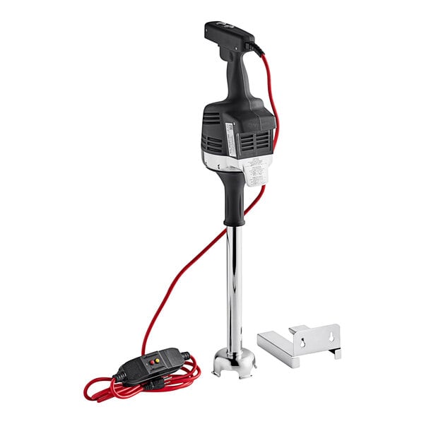 A black and silver Vitamix Immersion Blender with a red cord.