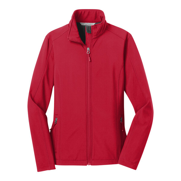 A Port Authority rich red soft shell jacket with zippers.
