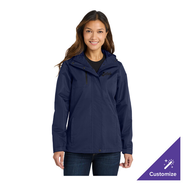 A women's navy blue parka jacket with customizable options.