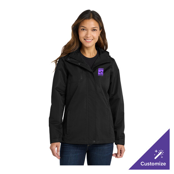 A women's black parka jacket with a customizable logo on the chest.