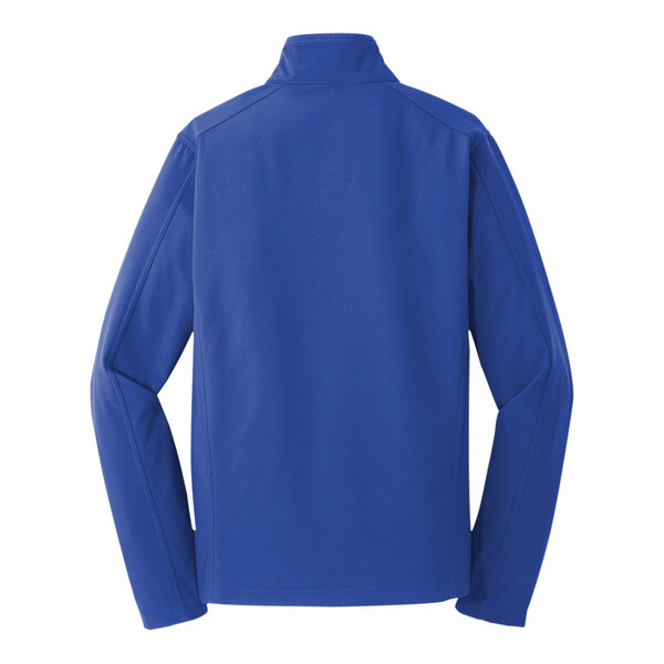 A close-up of a Port Authority blue core soft shell jacket with long sleeves.