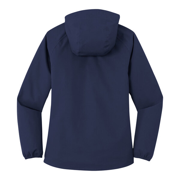 A close up of a navy Port Authority rain jacket with a hood.