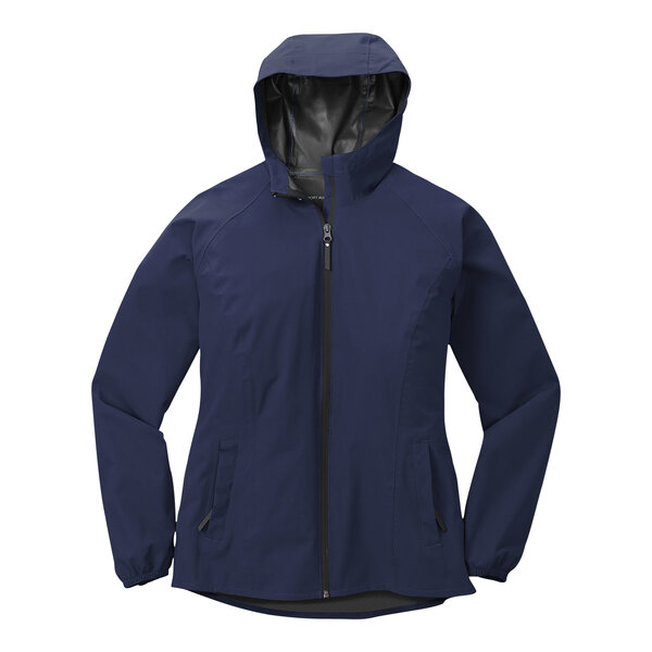 A Port Authority women's rain jacket in navy with a hood.