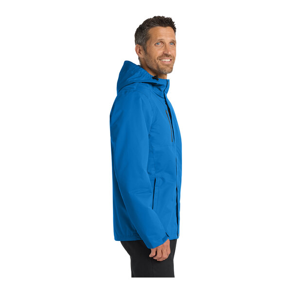 A close-up of a Port Authority unisex blue parka jacket.