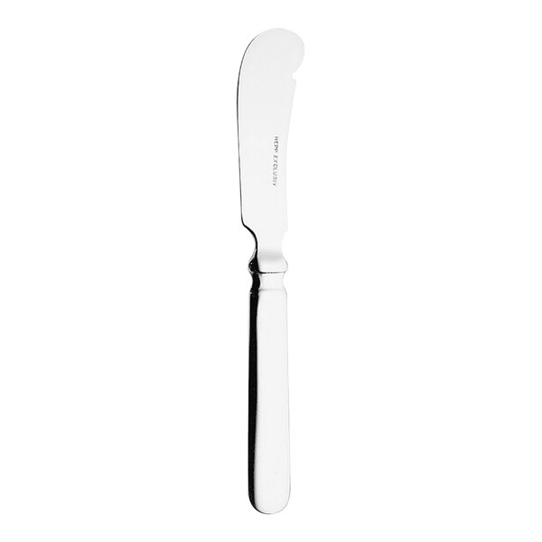 A silver Hepp baguette butter knife with a white handle.