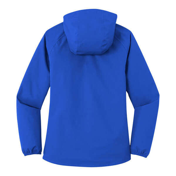 A Port Authority blue rain jacket for women with a hood.