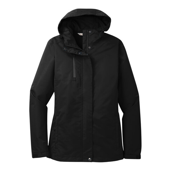A black Port Authority women's parka jacket with a hood.