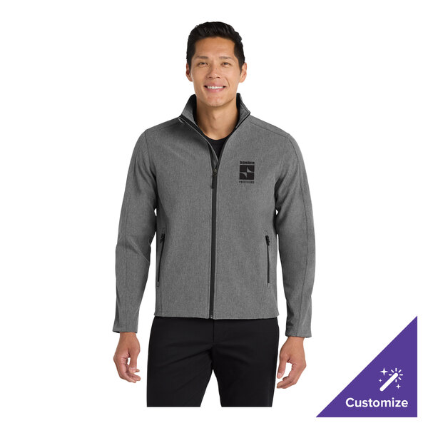 A unisex pearl gray heather soft shell jacket with a front zipper and customizable logo on the chest.
