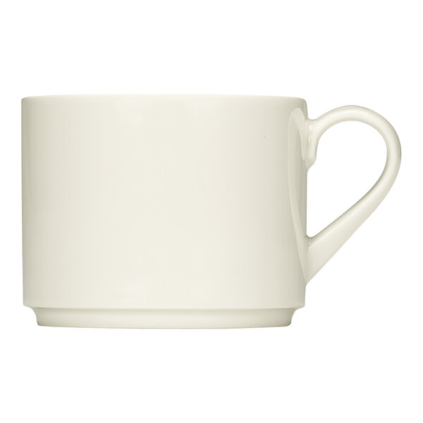 A close up of a Bauscher Purity white porcelain cup with a white handle.