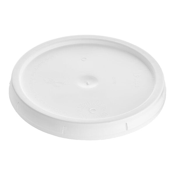 A white plastic BWAY lid with a tear skirt and gasket.