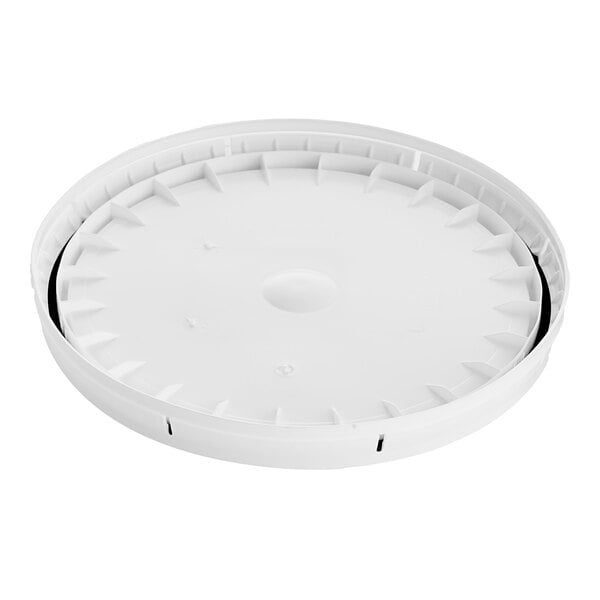 A white round plastic lid with a circular tear skirt and gasket.
