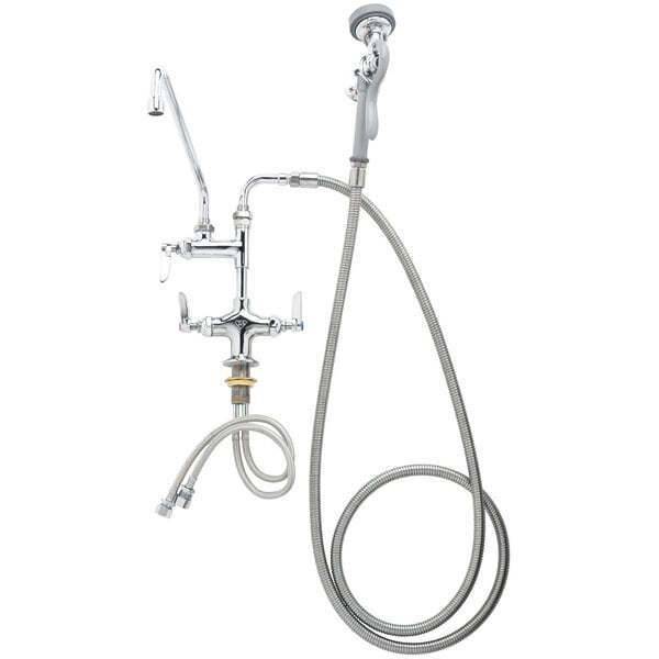 A T&S deck mounted pre-rinse faucet with a silver hose and double jointed faucet attachment.