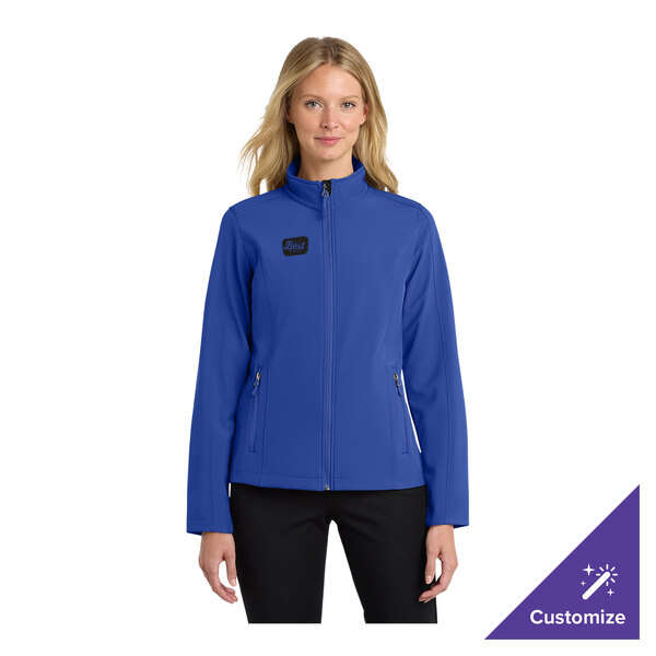 A women's royal blue soft shell jacket with a front zipper and customizable options.