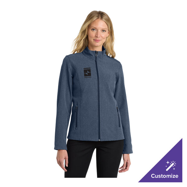 A women's medium navy heather soft shell jacket with a customizable logo on the chest.