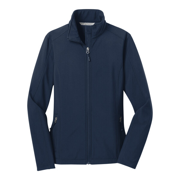 A Port Authority women's blue soft shell jacket with a white label and zipper.