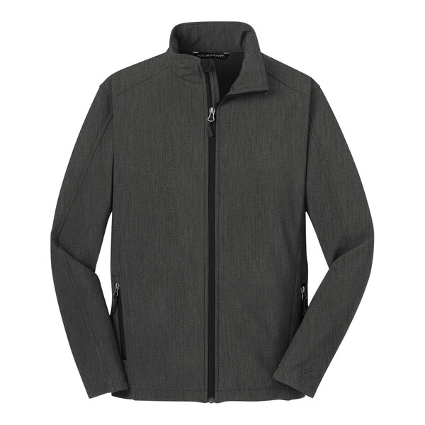 A black and charcoal heather Port Authority Core Soft Shell Jacket with a zipper.