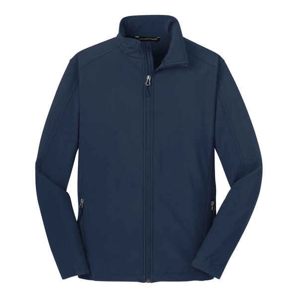 A Port Authority dress blue core soft shell jacket with a zipper.