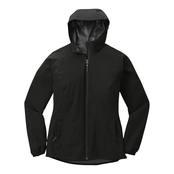 A Port Authority women's black rain jacket with a hood.