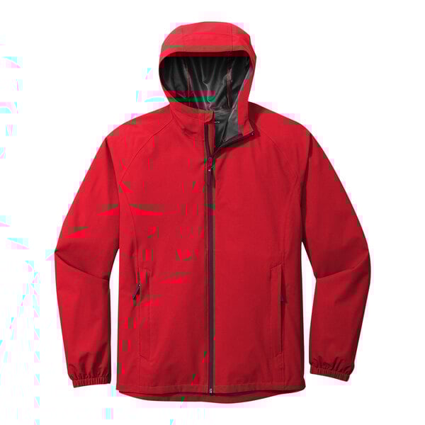 A Port Authority rich red jacket with a black zipper and hood.