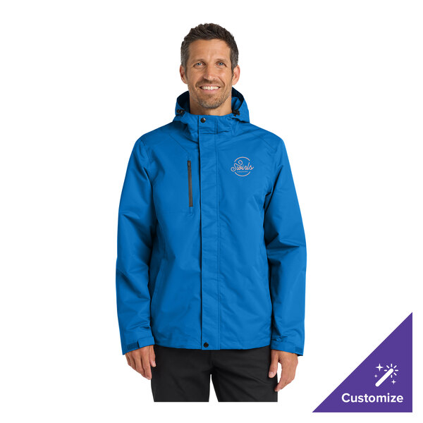 A blue unisex parka jacket with a hood and customizable logo on the chest.