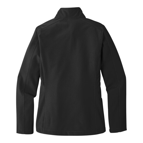 A black Port Authority ladies' full zip jacket with long sleeves.