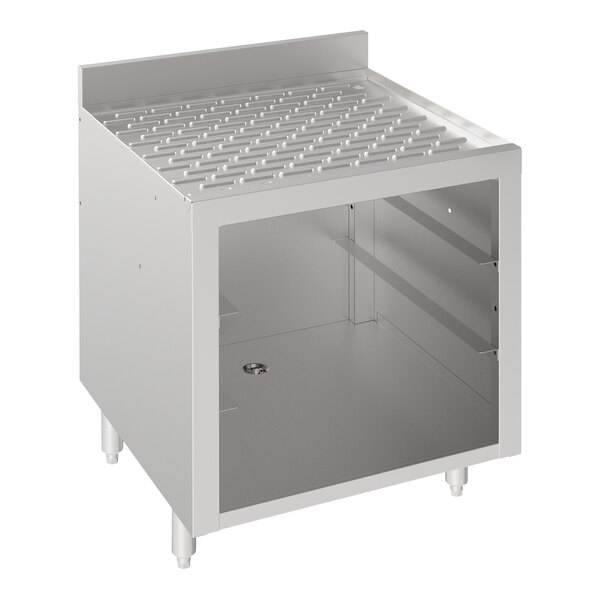 A white metal Krowne glass storage cabinet with a shelf on top.