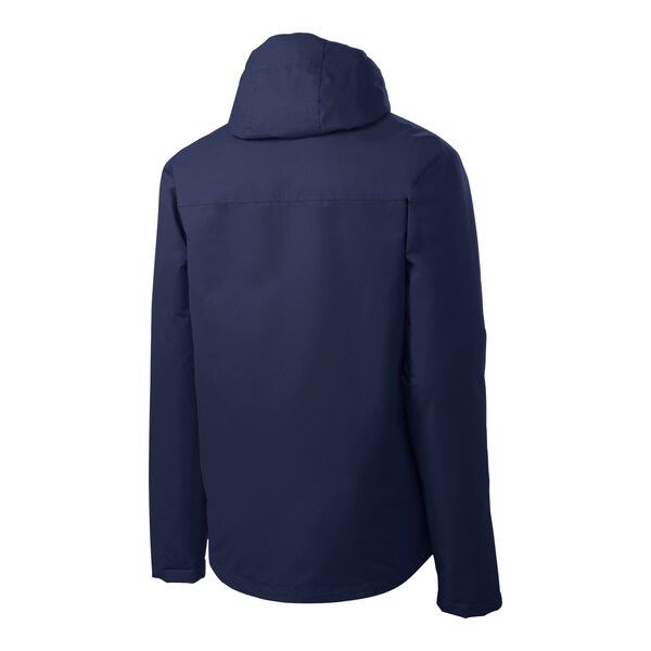A Port Authority navy blue parka jacket with a hood.