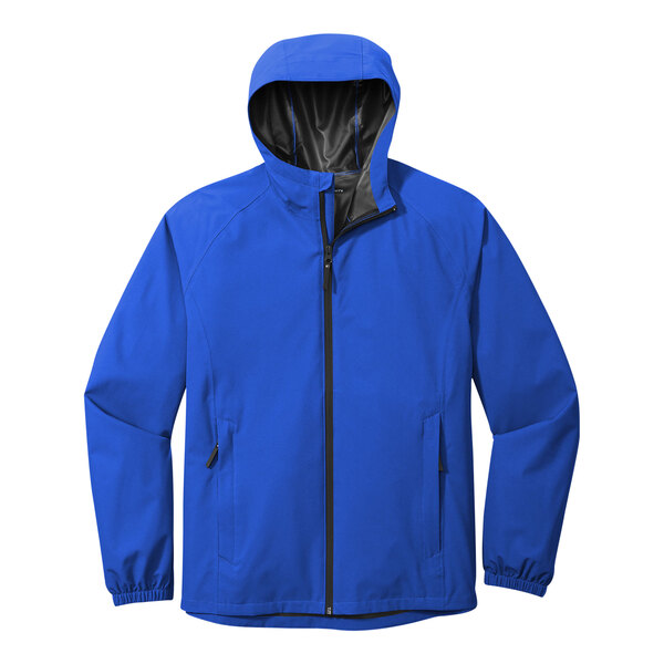 A Port Authority True Royal rain jacket with a hood and black zipper.