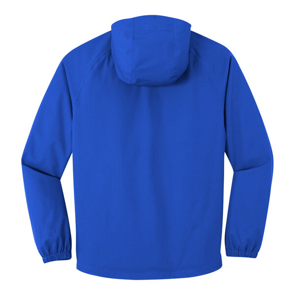 A Port Authority True Royal rain jacket with a hood.