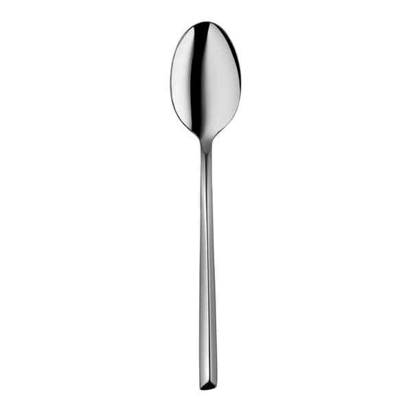 A silver spoon with a long handle.