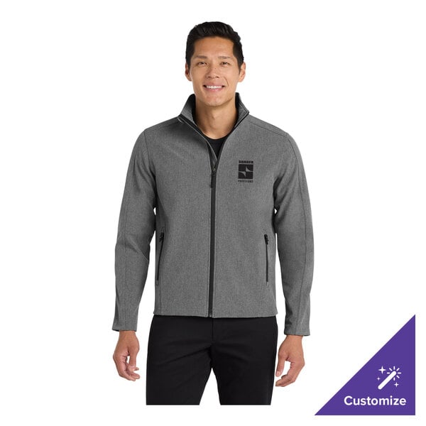 A unisex pearl gray heather soft shell jacket with a front zipper and customizable logo on the chest.
