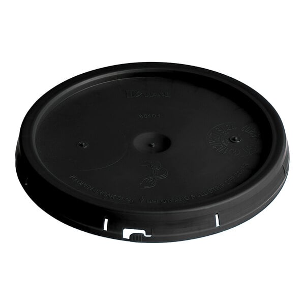 A black BWAY round pail cover with a tear skirt and gasket on a white background.