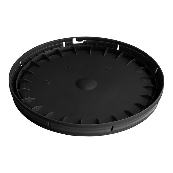 A black round BWAY pail cover with a tear skirt and gasket.