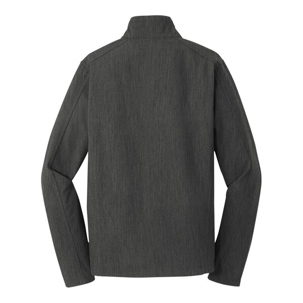 A back view of a black and charcoal heather Port Authority Core Soft Shell jacket with a white logo.
