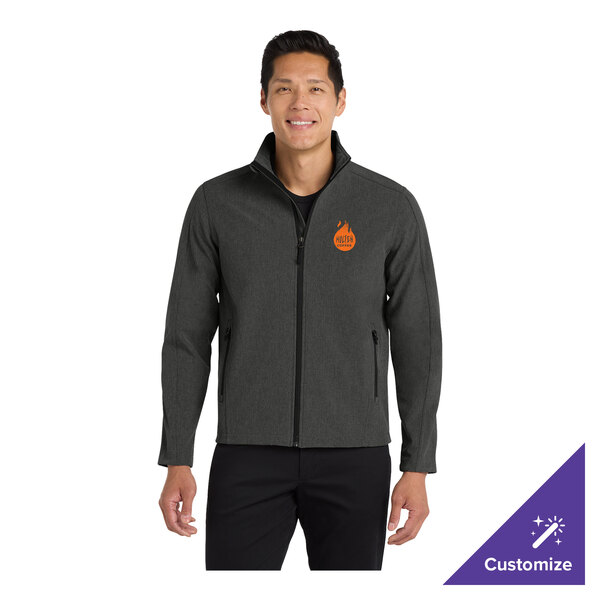 A unisex black charcoal heather soft shell jacket with a customizable logo on the chest.