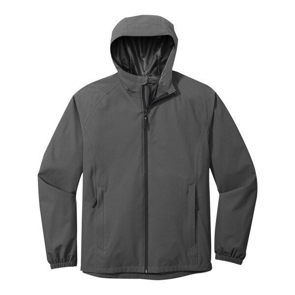 A Port Authority graphite unisex rain jacket with a hood.