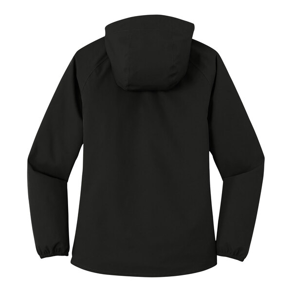 A Port Authority deep black rain jacket for women with a hood.