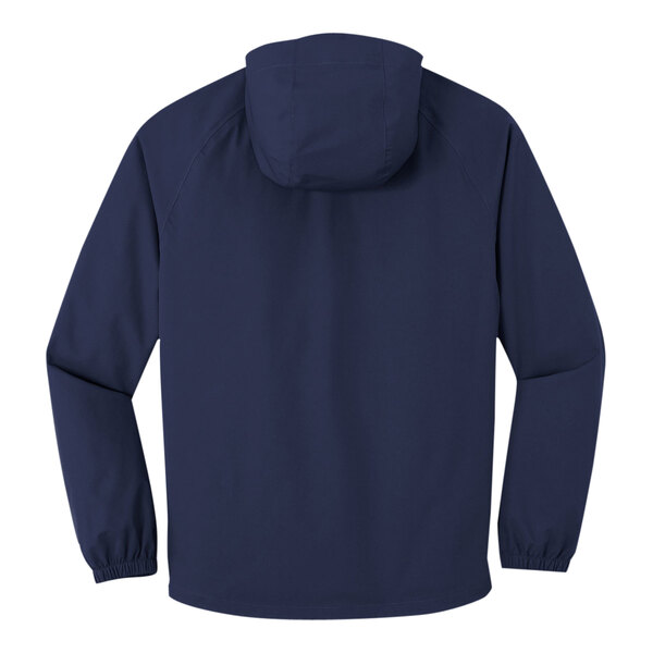 A Port Authority navy blue rain jacket with a hood.